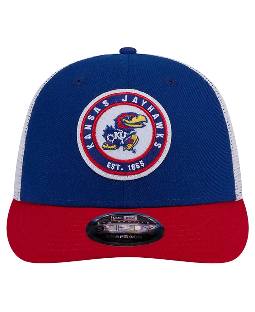 New Era Men's Royal Kansas Jayhawks Throwback Circle Patch 9Fifty Trucker Snapback Hat