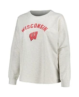 Profile Women's Oatmeal Wisconsin Badgers Plus Size Distressed Arch Over Logo Neutral Boxy Pullover Sweatshirt