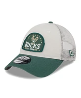 New Era Men's Khaki/Hunter Green Milwaukee Bucks Throwback Patch Trucker 9Forty Adjustable Hat