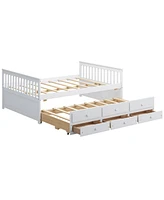 Slickblue Full Size Wood Daybed Frame with Trundle Bed and 3 Storage Drawers-White