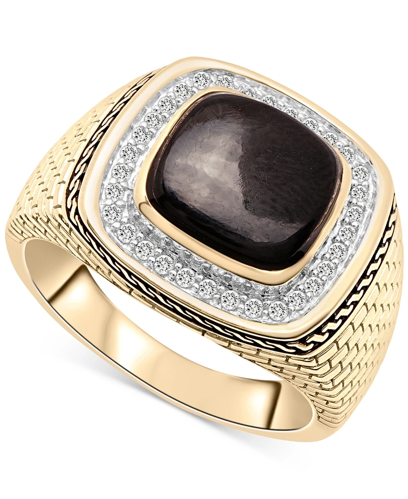 Men's Onyx & Diamond (1/5 ct. t.w.) Brick Texture Ring in 14k Gold-Plated Sterling Silver