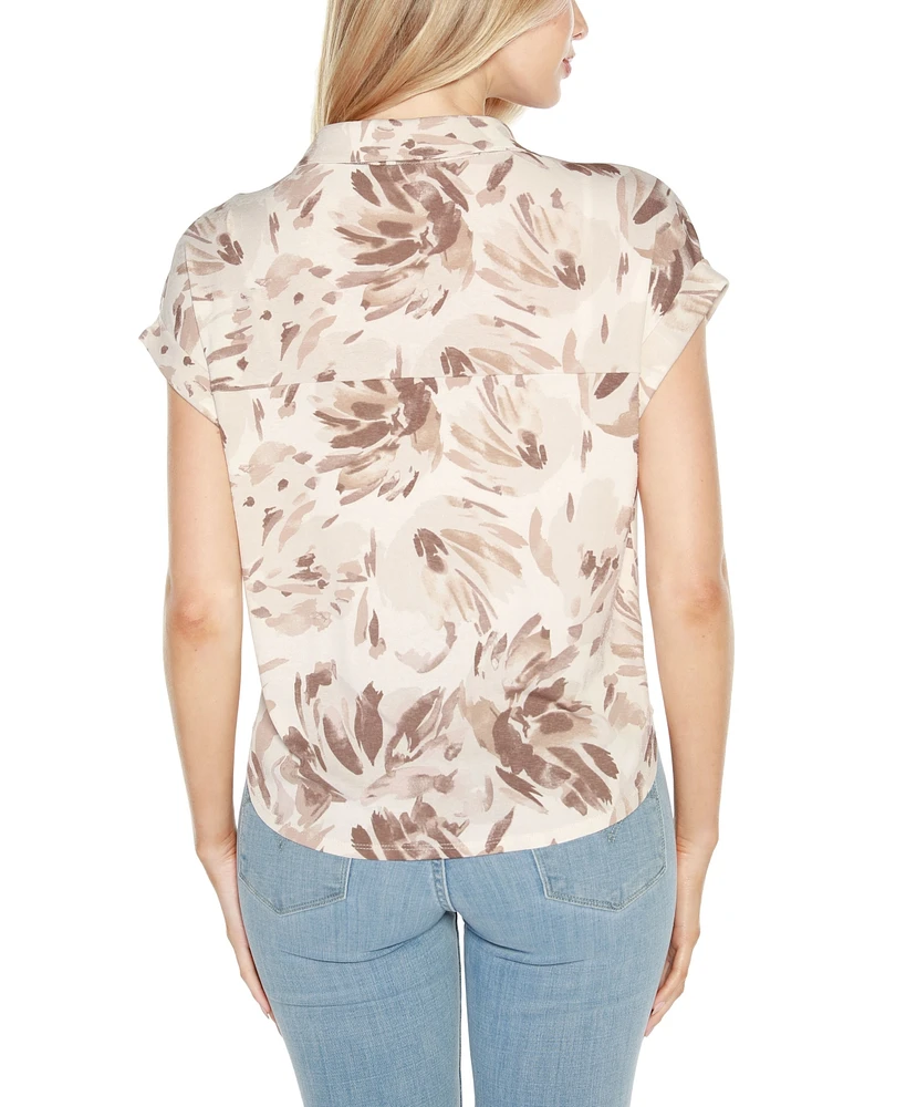 Belldini Women's Johnny Collar Brushed Floral Printed Top
