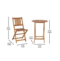 Stora Three Piece Solid Acacia Wood Folding Patio Bistro Set With Lightweight Round Table And Two Chairs