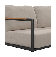 Eastport Outdoor Loveseat With Removable Plush Fabric Cushions And Teak Accented Aluminum Frame