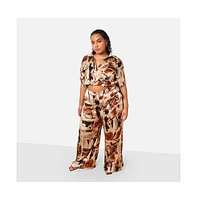 Rebdolls Women's Plus Size Naima Satin Abstract Print Knotted Front Crop Top