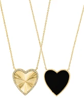 Effy Onyx & Diamond (1/10 ct. t.w.) Heart Reversible 18" Pendant Necklace in 14k Gold