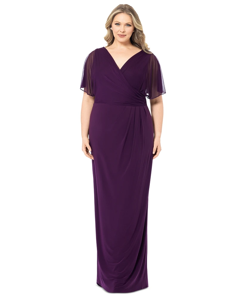 Betsy & Adam Plus Draped-Back Flutter-Sleeve Gown