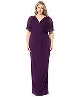 Betsy & Adam Plus Draped-Back Flutter-Sleeve Gown