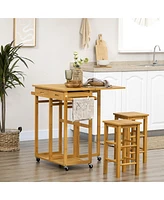 Homcom 3 Pieces Kitchen Island on Wheels with Drop Leaf Table for Small Spaces, Bar Table and Chairs Set, Rolling Bamboo Breakfast Cart with 2 Square