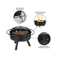 Emma+Oliver Round Wood Burning Sun & Moon Cutout Outdoor Firepit With Mesh Spark Screen