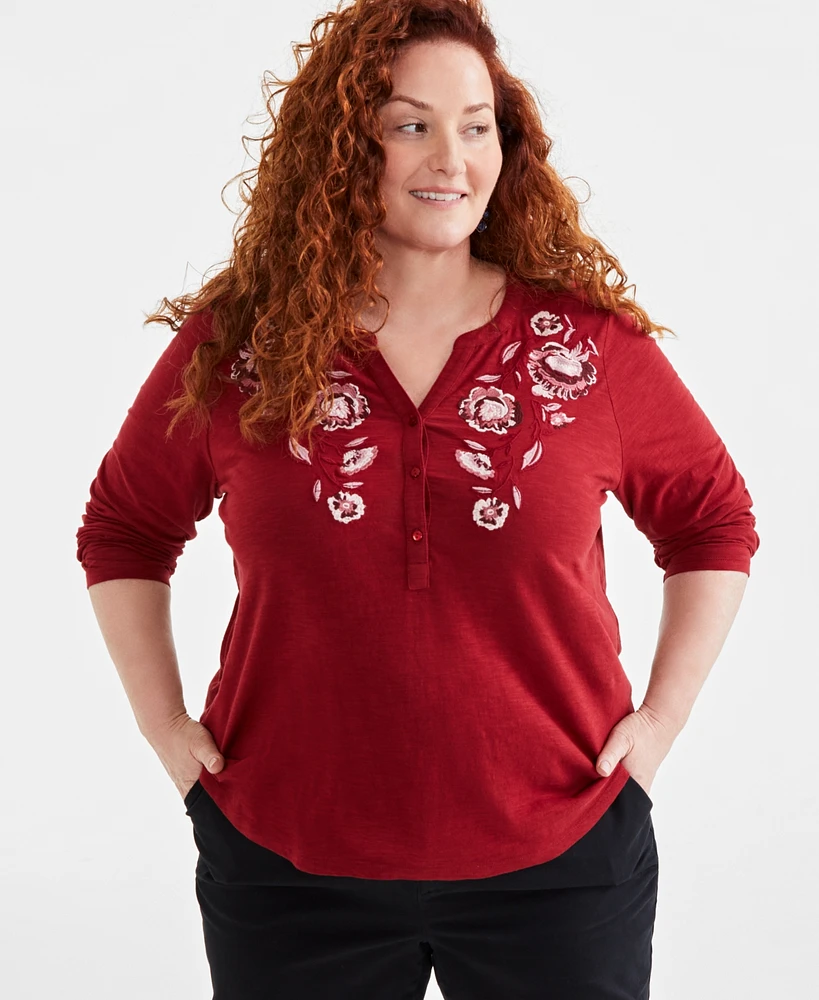 Style & Co Plus Size Floral-Embroidered Henley Top, Created for Macy's