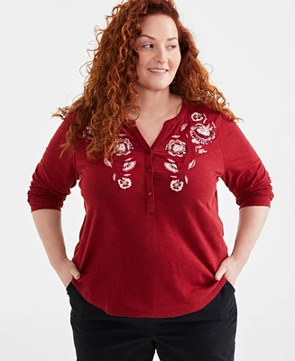 Style & Co Plus Size Floral-Embroidered Henley Top, Created for Macy's