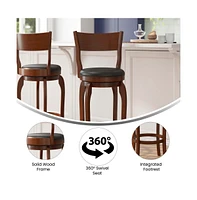 Tally 30" Classic Wooden Open Back Swivel Bar Height Pub Stool With Upholstered Padded Seat And Integrated Footrest