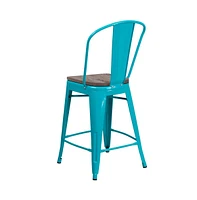 Sarah 24" Metal Indoor-Outdoor Counter Stool With Vertical Slat Back, Integrated Footrest And Wood Seat