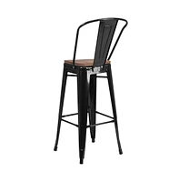 Donnelly Metal Dining Stool With Curved Slatted Back And Textured Wood Seat