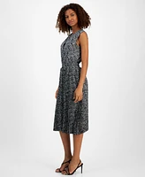 T Tahari Women's Printed Split-Neck Fit & Flare Sleeveless Midi Dress