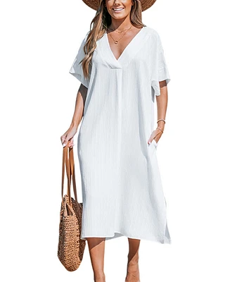 Cupshe Women's White Dolman Sleeve Loose Fit Maxi Cover-Up Beach Dress