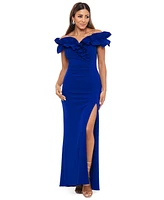 Xscape Ruffled Ruched Scuba Fit & Flare Gown
