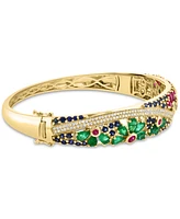 Effy Multi-Gemstone (7-1/3 ct. t.w.) & Diamond (5/8 ct. t.w.) Flower Scape Bangle Bracelet in 14k Gold