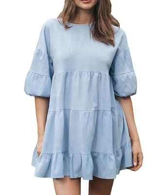 Cupshe Women's Light Blue Ruffled Puff Sleeve Mini Beach Dress