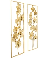 CosmoLiving by Cosmopolitan Gold Metal Orchid Floral Wall Decor with Gold Frame Set of 2 14"W, 36"H