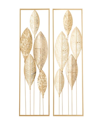 CosmoLiving by Cosmopolitan Gold Metal Tall Cut-Out Leaf Wall Decor with Gold Frame Set of 2 12"W, 36"H