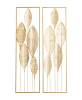 CosmoLiving by Cosmopolitan Gold Metal Tall Cut-Out Leaf Wall Decor with Gold Frame Set of 2 12"W, 36"H