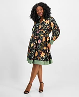 Anne Klein Plus Size Floral V-Neck Contrast-Trim Dress