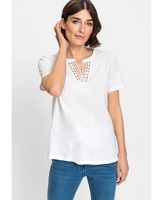 Olsen Women's 100% Cotton Short Sleeve Split Neck T-Shirt with Embroidered Trim