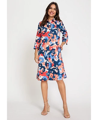 Olsen Women's 100% Cotton 3/4 Sleeve Floral Print Shirt Dress
