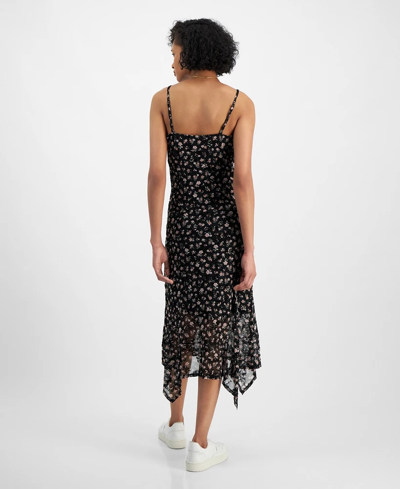 Planet Heart Juniors' Mesh Flocked Asymmetrical Hem Midi Dress