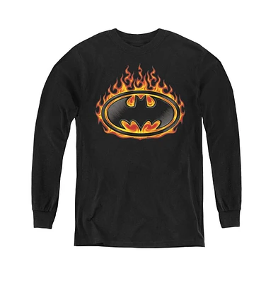 Batman Boys Youth Bat Flames Shield Long Sleeve Sweatshirts
