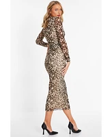 Quiz Women's Leopard Print Mesh Long Sleeve Maxi Dress