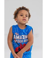 Marvel Toddler Boys Avengers Spider-Man T-Shirt French Terry Tank Top and Shorts 3 Piece Outfit Set Red/Black/Blue