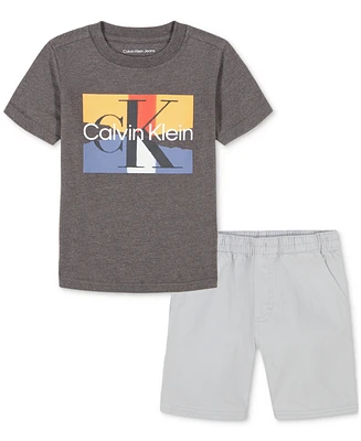 Calvin Klein Little Boys Cotton Short-Sleeve Logo T-Shirt & Twill Shorts, 2 Piece Set