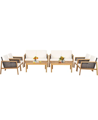 Gymax 8PCS Patio Acacia Wood Furniture Set Pe Rattan Conversation Set w/ Off White Cushions