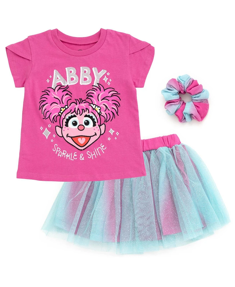 Sesame Street Baby Girls Abby Cadabby T-Shirt Tulle Mesh Skirt and Scrunchie 3 Piece Outfit Purple / Blue