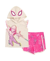 Spiderman Toddler Girls Marvel Spider-Man Spider-Gwen Ghost Spider Cosplay Hooded Tank Top & French Terry Shorts Outfit Set to