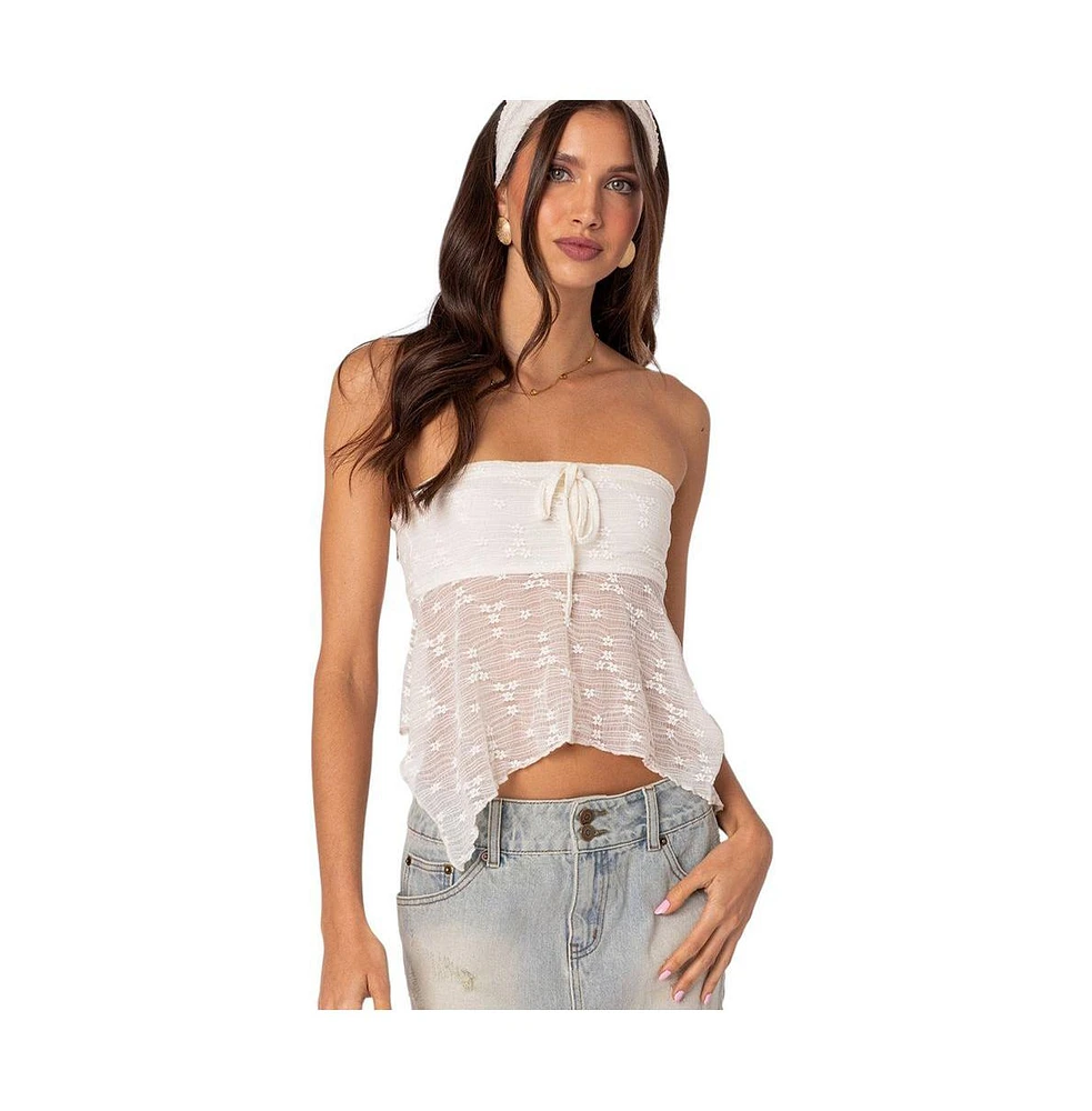 Edikted Women's Embroidered Sheer Strapless Top