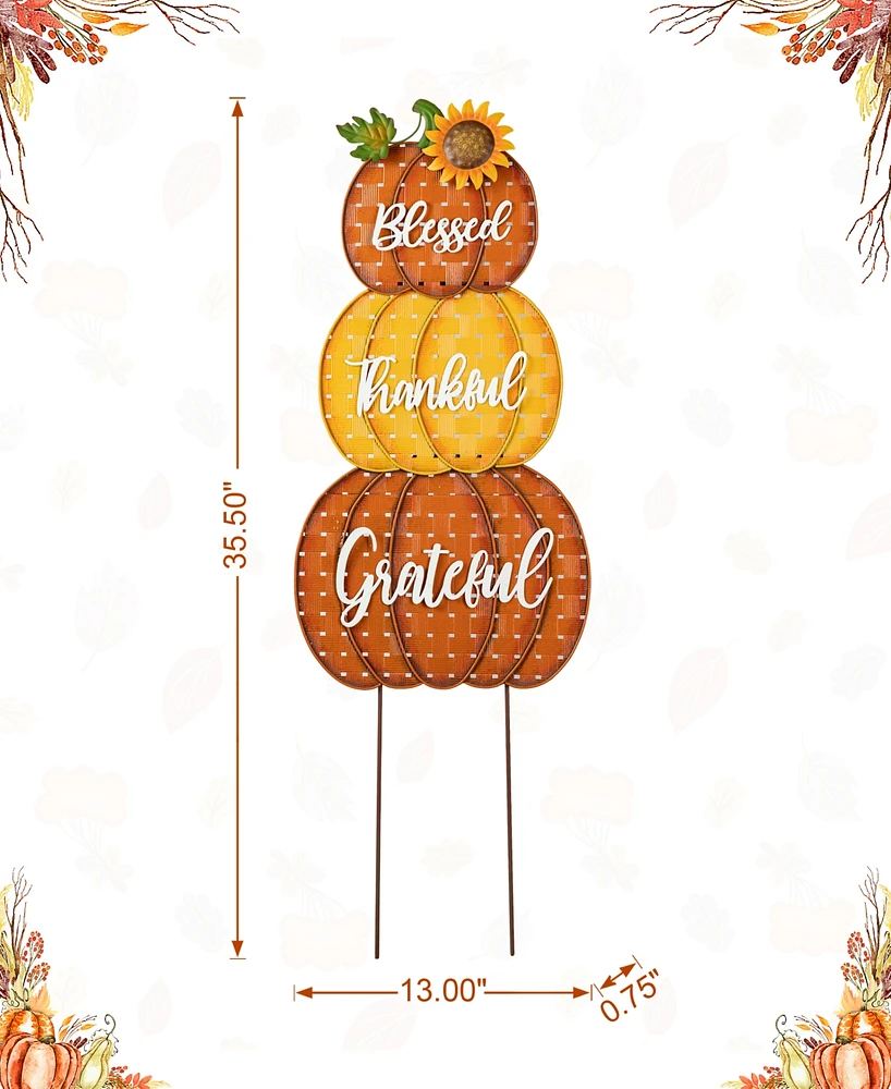 Glitzhome 35.5"H Thanksgiving Metal Stacked Pumpkins Yard Stake