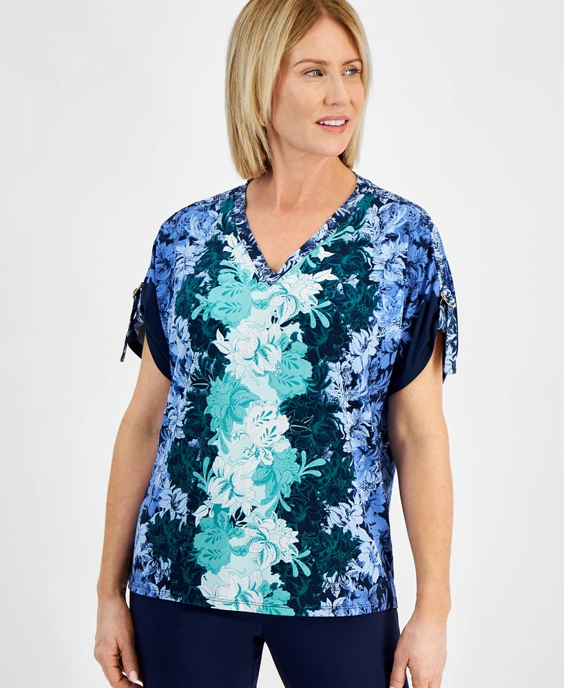 Jm Collection Petite Ombre Flora Printed Tab-Cuff Top, Created for Macy's