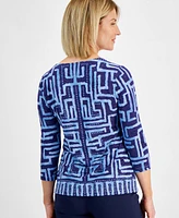 Jm Collection Petite Leah Labyrinth Print 3/4-Sleeve Top, Created for Macy's