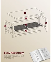 Slickblue 2-Tier Coffee Table for Living Room, with Pvc Rattan Storage Shelf, Rounded Corners