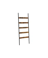 Slickblue 5-Tier Blanket Ladder Shelf, Wall-Leaning Rack with 4 Hooks, Steel Frame