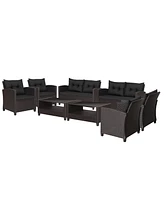 Gymax 8PCS Outdoor Conversation Set Patio Pe Rattan w/ Glass Table & Sofa Cushions Navy