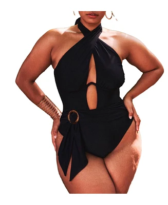 Eloquii Plus Size Twist Halter Swimsuit With Underwire Detail