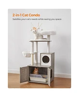 Slickblue Cat Tree with Litter Box Enclosure, Furniture Hidden, Removable Pompom Sticks