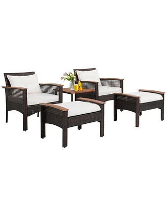 Gymax 5 Pcs Patio Rattan Sofa Set Outdoor Wicker Conversation Set w/ Coffee Table & Cushion