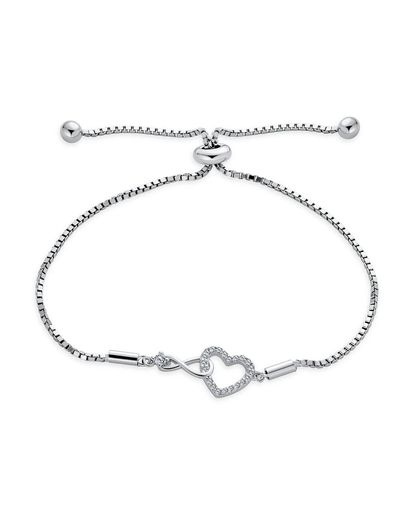 Bling Jewelry Delicate Dainty Cz Accent Infinity Heart Bolo Bracelet For Women Sterling Silver Rhodium Plated Adjustable Slide 7"