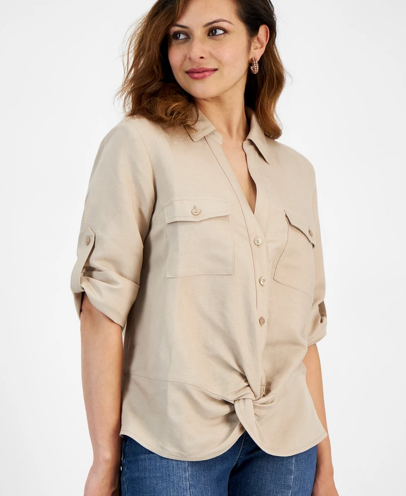 I.n.c. International Concepts Petite Linen-Blend Twist-Hem Shirt, Created for Macy's